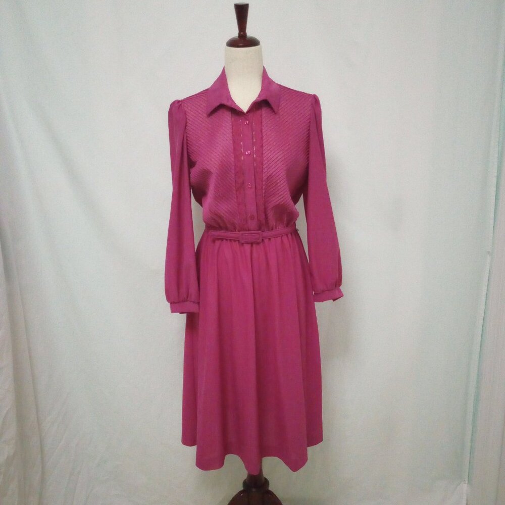 Vintage Day Dress sz 12 Petite Pink Raspberry Belted Button Front A-line